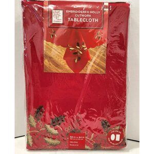 Christmas Embroidered Holly Tablecloth Red 60x84 Oblong or Rectangular NEW